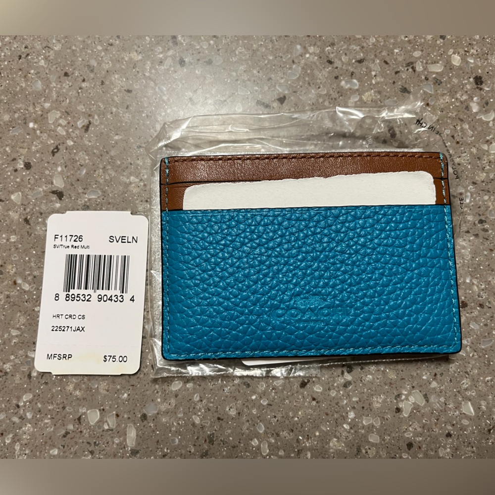 COACH Turquoise Brown Red Heart Pebbled Leather Card Holder Wallet NEW Tags $75 - Picture 2 of 5